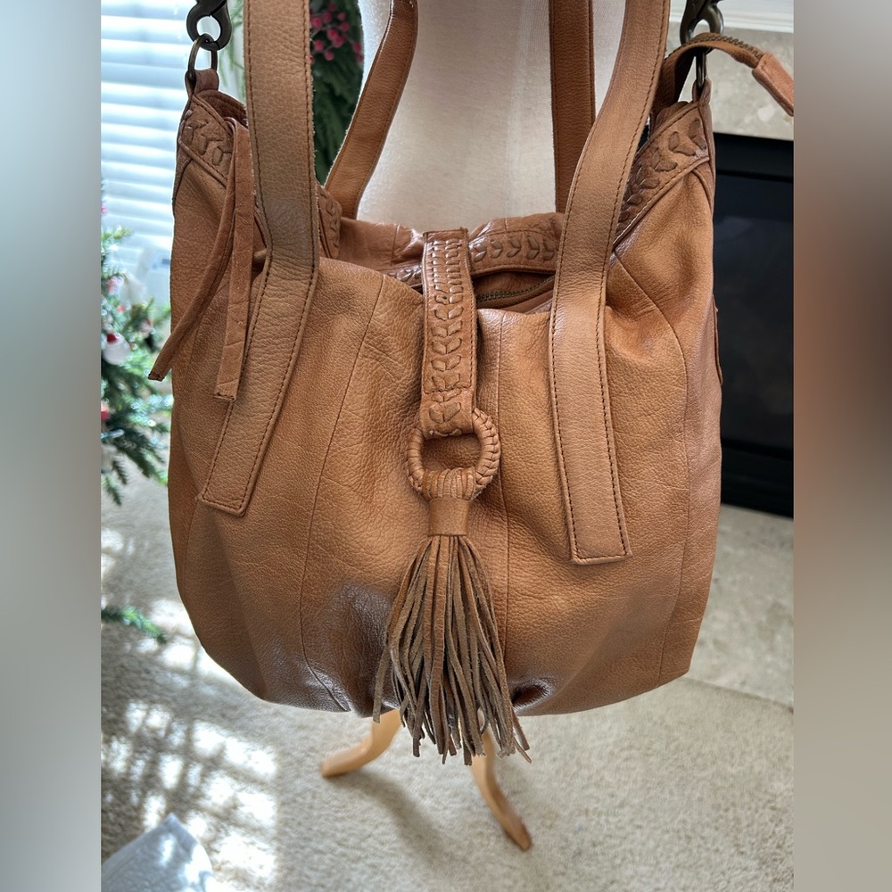 Day & Mood Tan Leather Convertible Hobo Bag